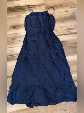 Tommy Hilfiger Navy Tiered Maxi Dress with Signature Red-White-Blue Straps 2000s